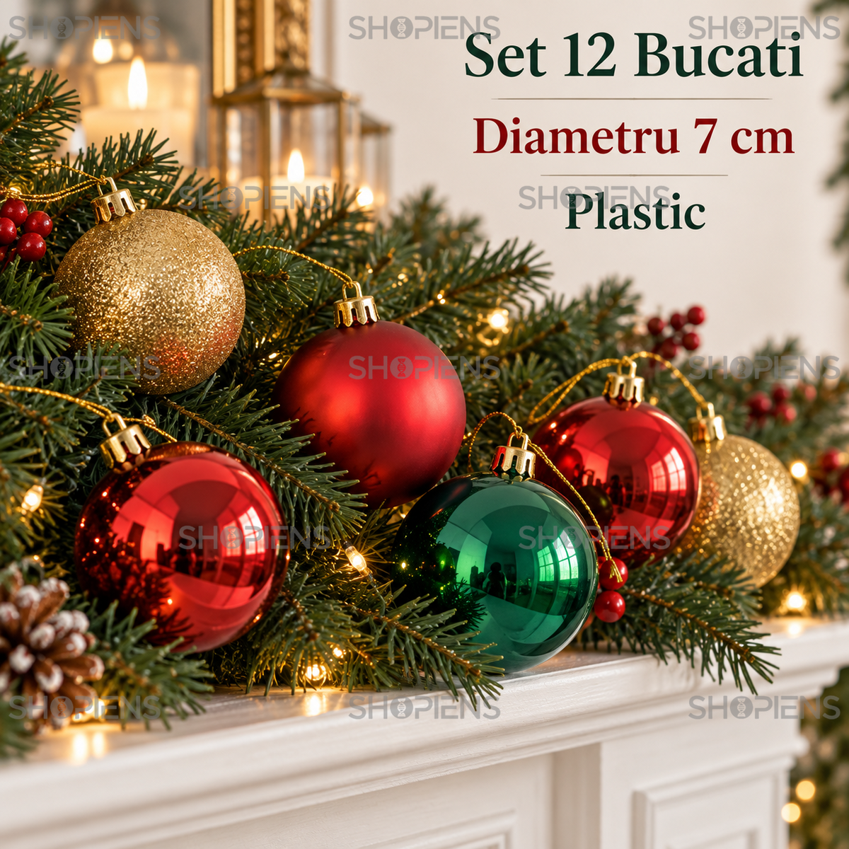 Set 12 Globuri Rosii, Verzi Si Aurii Cu Glitter, 7 Cm - specificatii - Shopiens