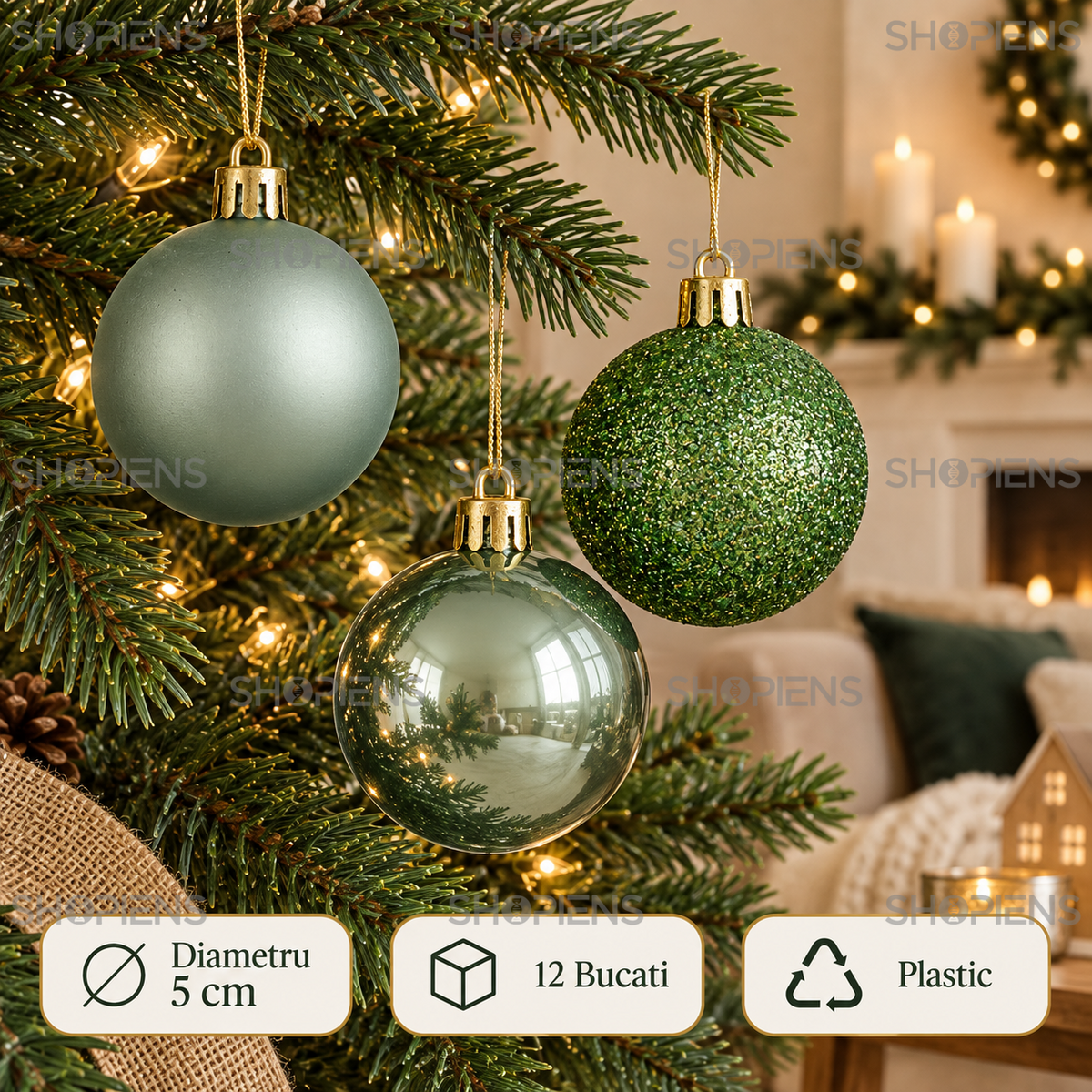 Set 12 Globuri Verde Menta Cu Finisaje Mixte, 5 Cm - specificatii - Shopiens