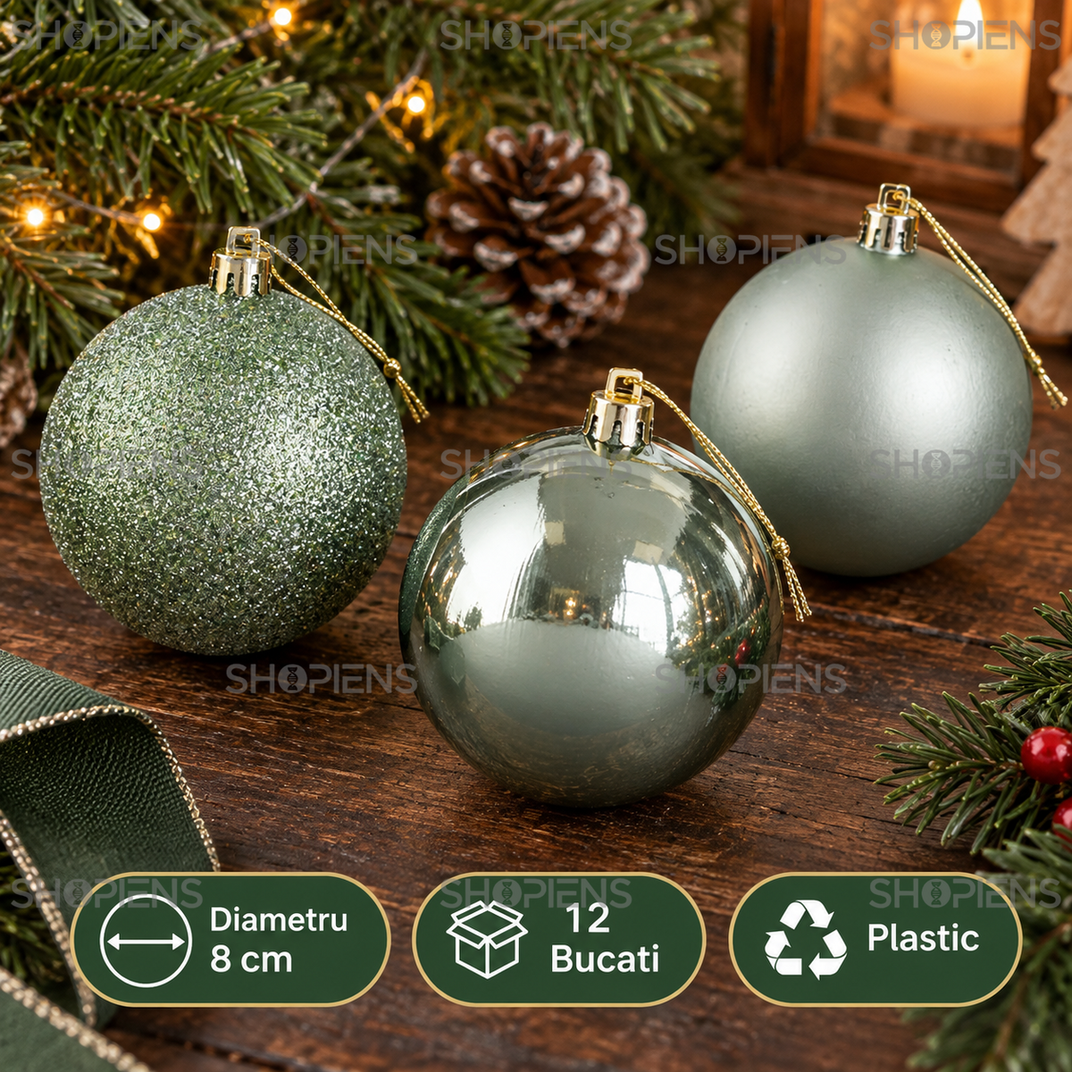 Set 12 Globuri Verde Menta Mate, Lucioase Si Glitter, 8 Cm - specificatii - Shopiens