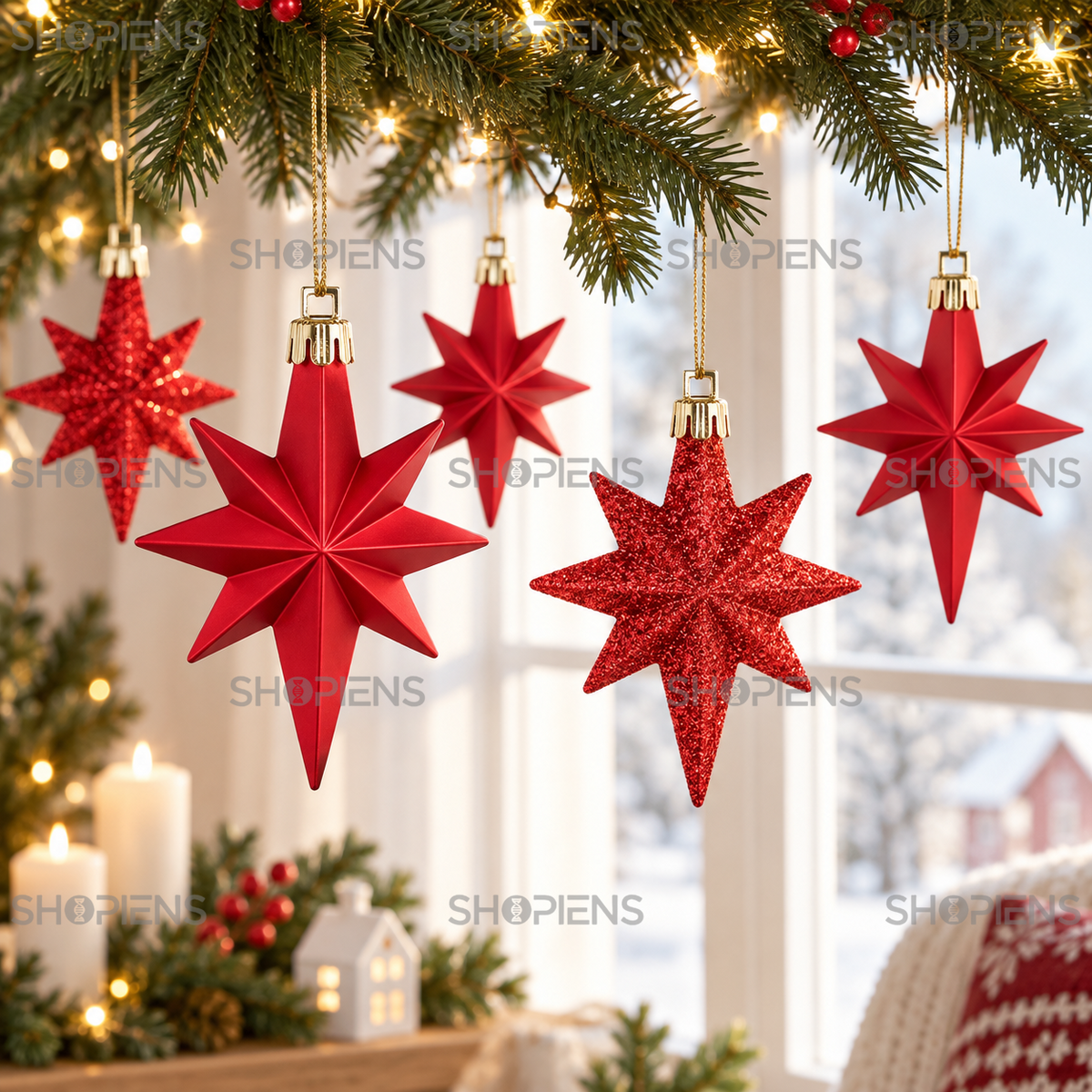 Set 16 Stele Rosii Mate Si Cu Glitter Pentru Brad, 8 Cm - in folosinta 2 - Shopiens