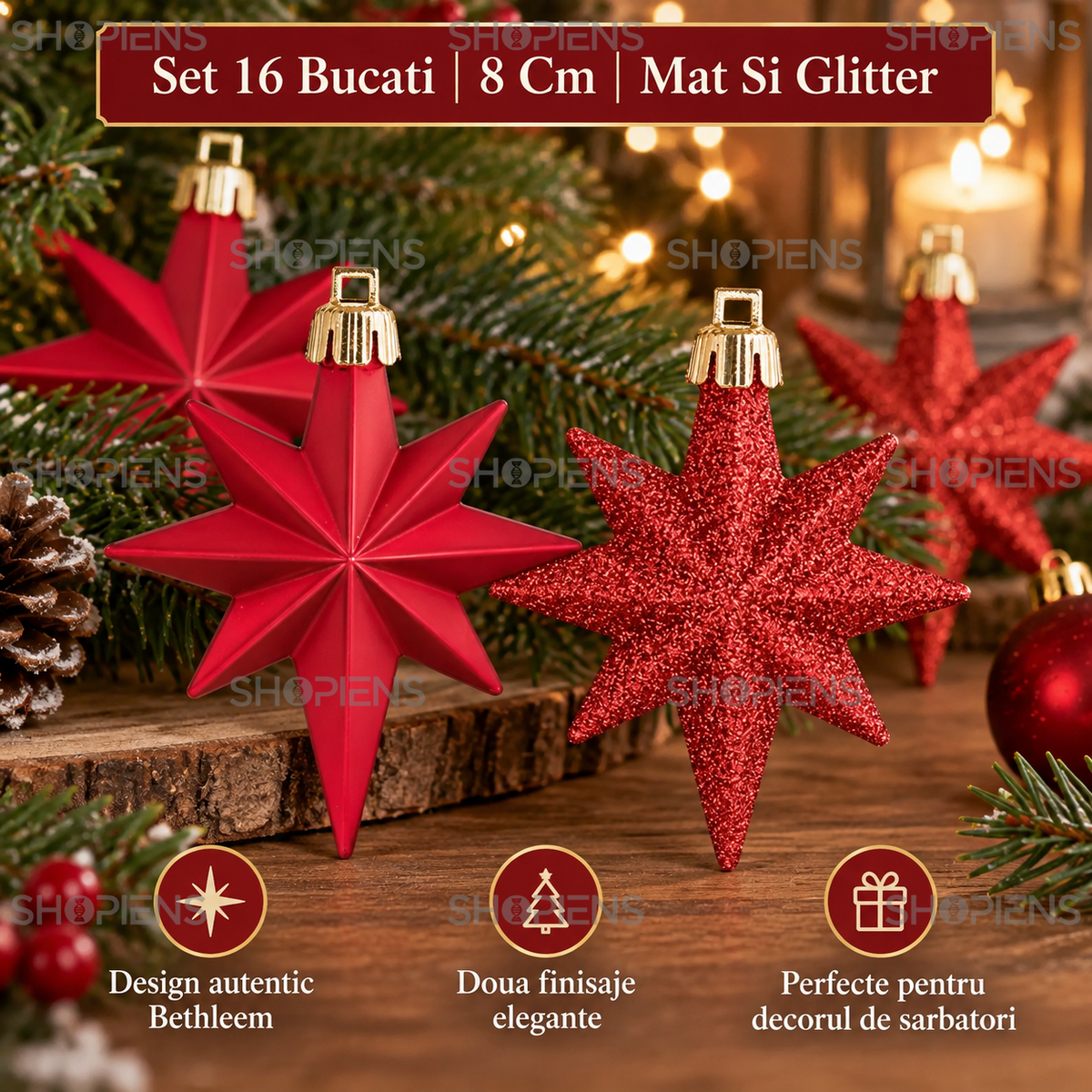 Set 16 Stele Rosii Mate Si Cu Glitter Pentru Brad, 8 Cm - specificatii - Shopiens