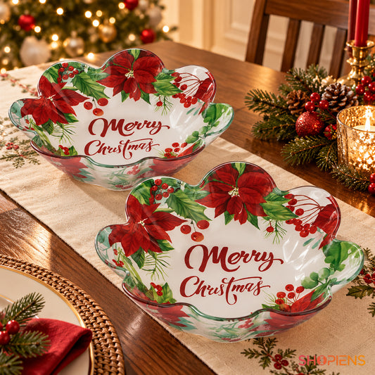 Set 2 boluri din sticlă cu crăciunițe roșii, Ø23,5 cm, 800 ml, pe masa festivă, decor neinclus | Shopiens®