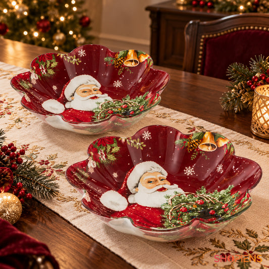 Set 2 boluri bordo din sticlă cu Moș Crăciun și coroniță, Ø23 cm, 800 ml, pe masa festivă, decor neinclus | Shopiens®
