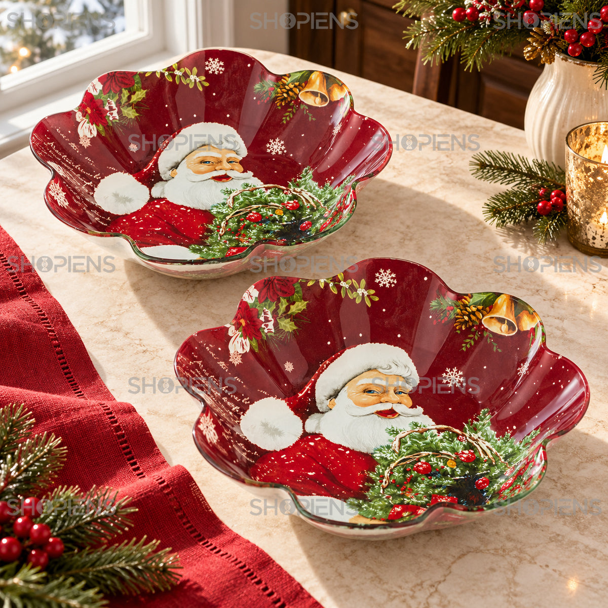 Set 2 boluri bordo din sticlă cu Moș Crăciun și coroniță, Ø23 cm, 800 ml, în decor de Crăciun, decor neinclus | Shopiens®