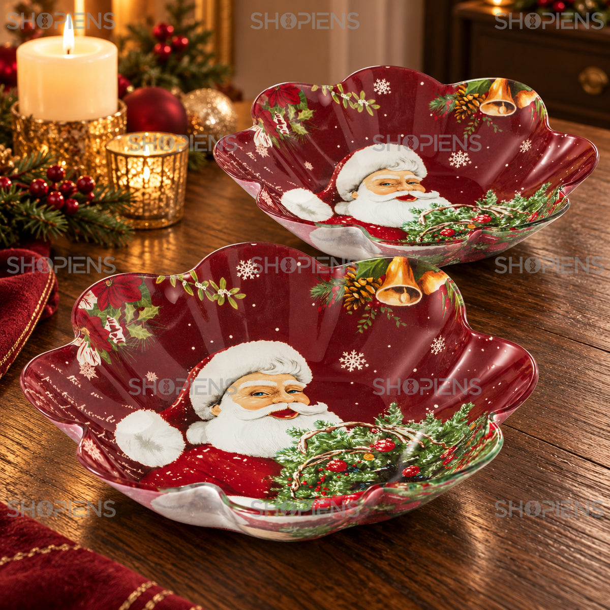 Set 2 boluri bordo din sticlă cu Moș Crăciun și coroniță, Ø23 cm, 800 ml, detaliu al designului, decor neinclus | Shopiens®