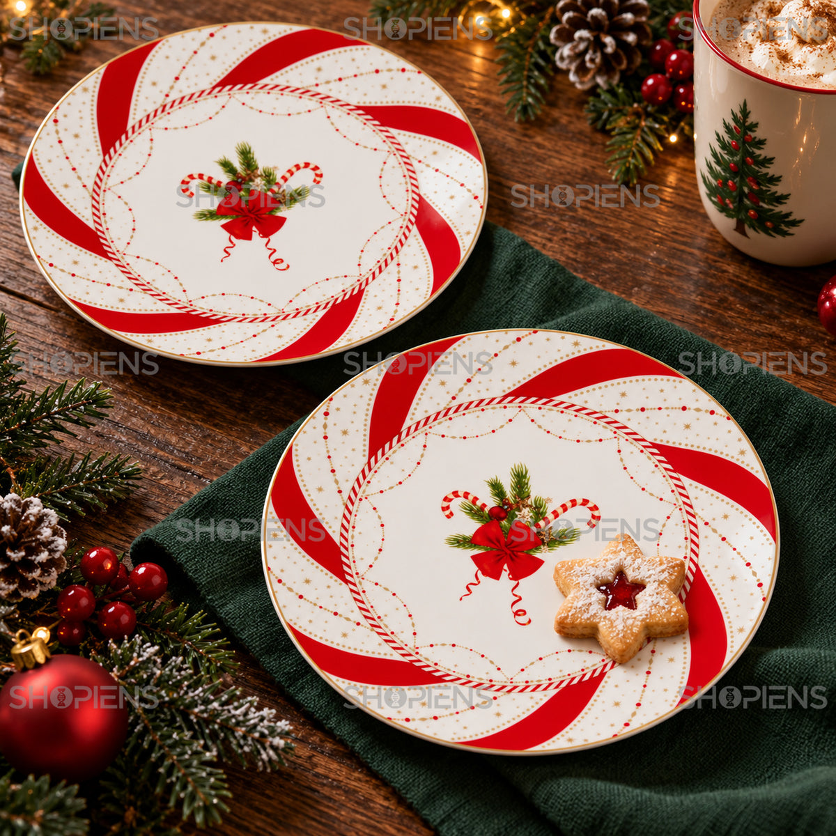 Set 2 farfurii din porțelan cu acadele și fundă, Ø19 cm, în decor alternativ de Crăciun, decor neinclus | Shopiens®