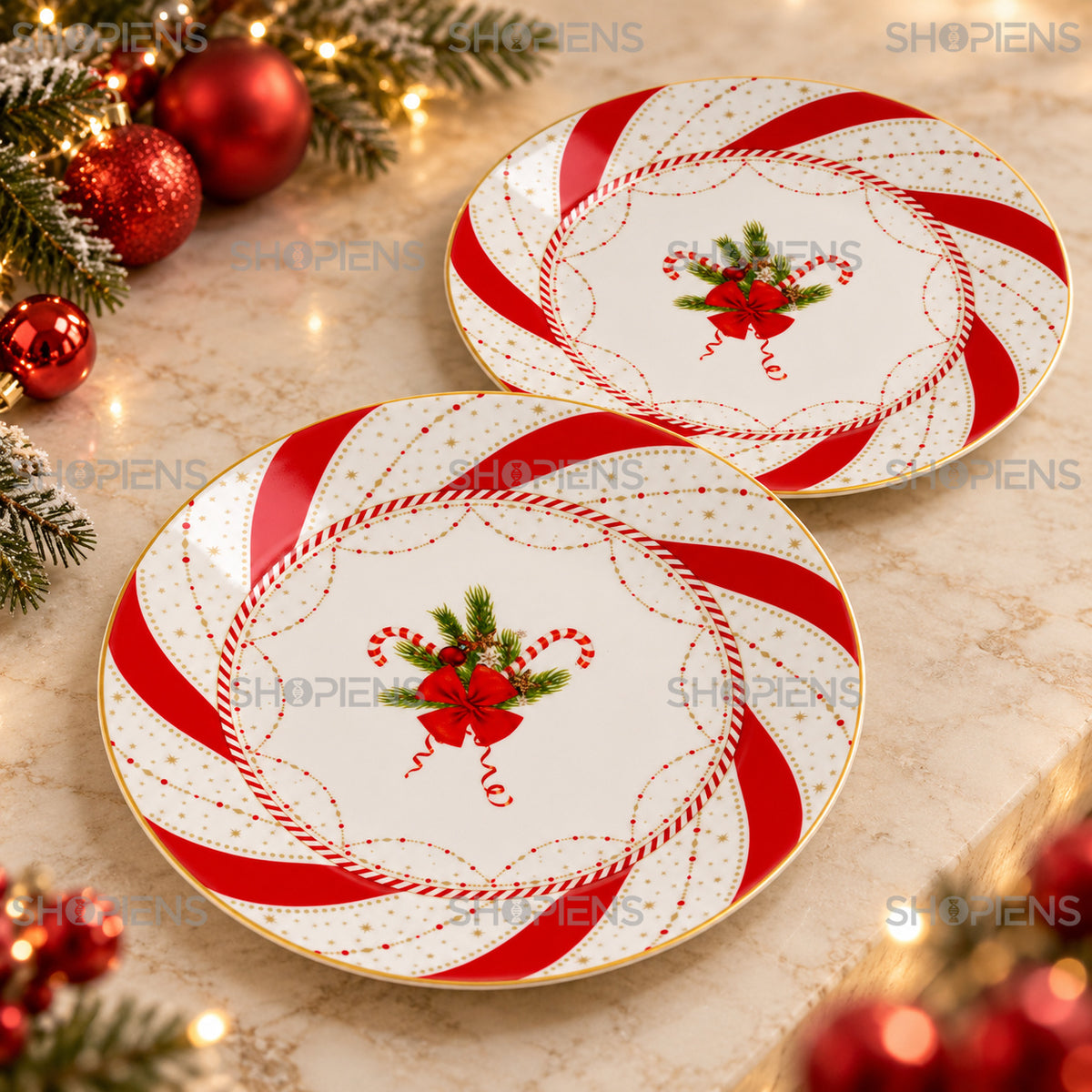 Set 2 farfurii din porțelan cu acadele și fundă, Ø19 cm, detaliu al imprimeului și marginii, decor neinclus | Shopiens®