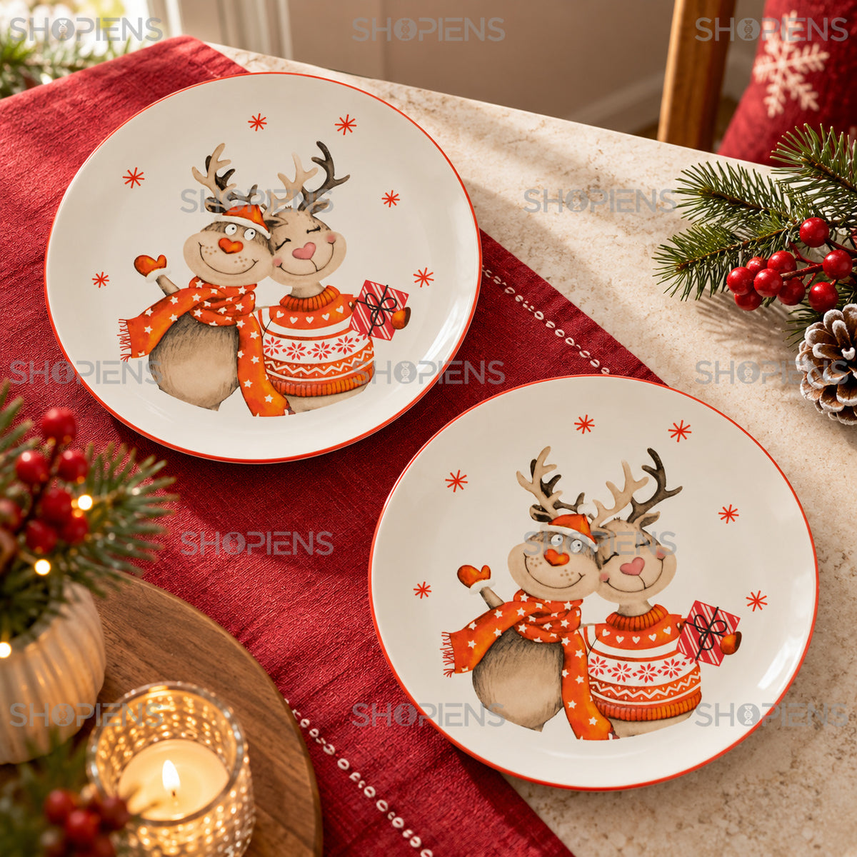 Set 2 farfurii din porțelan ecru cu cerbi, Ø19 cm, în decor alternativ de Crăciun, decor neinclus | Shopiens®