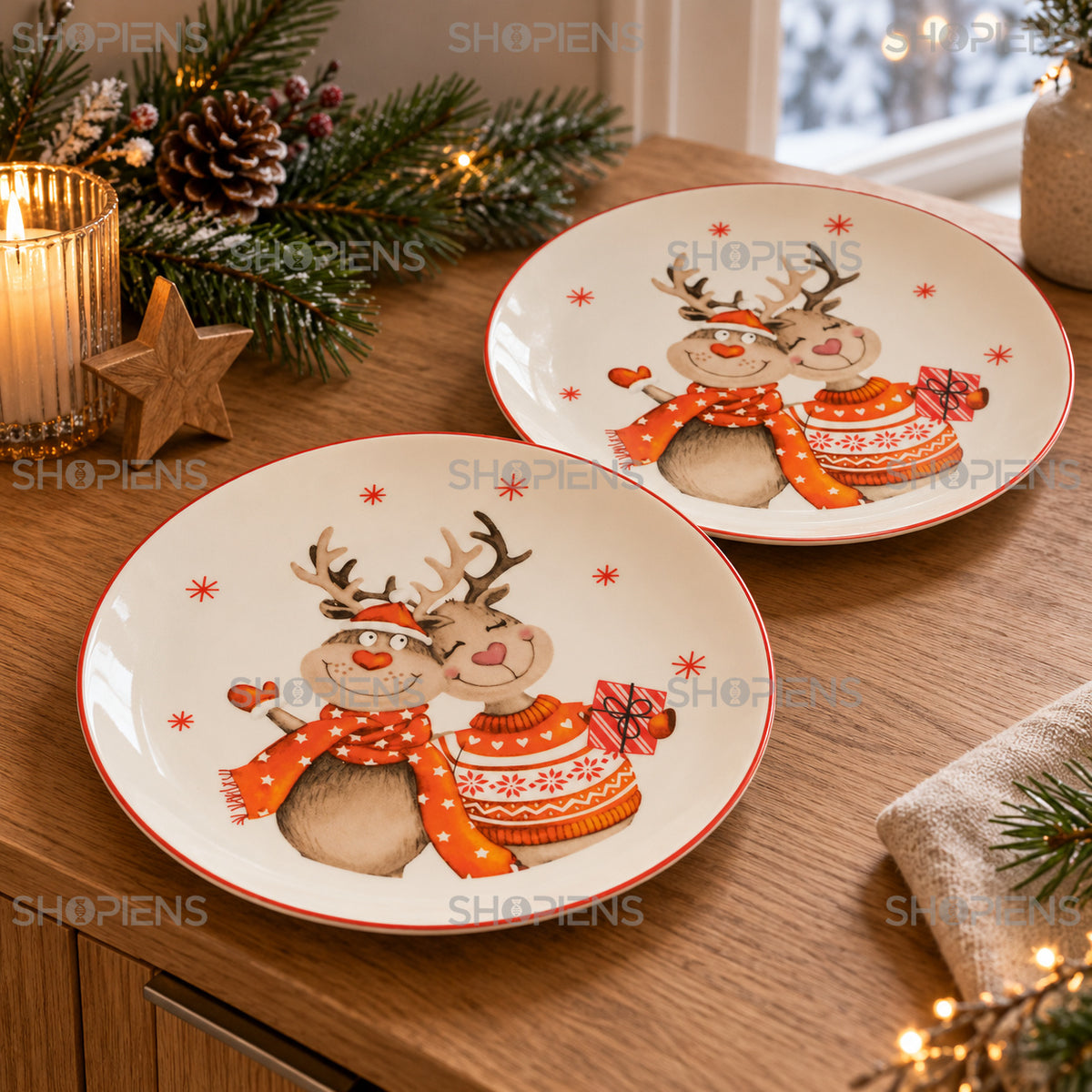 Set 2 farfurii din porțelan ecru cu cerbi, Ø19 cm, detaliu al imprimeului și marginii, decor neinclus | Shopiens®