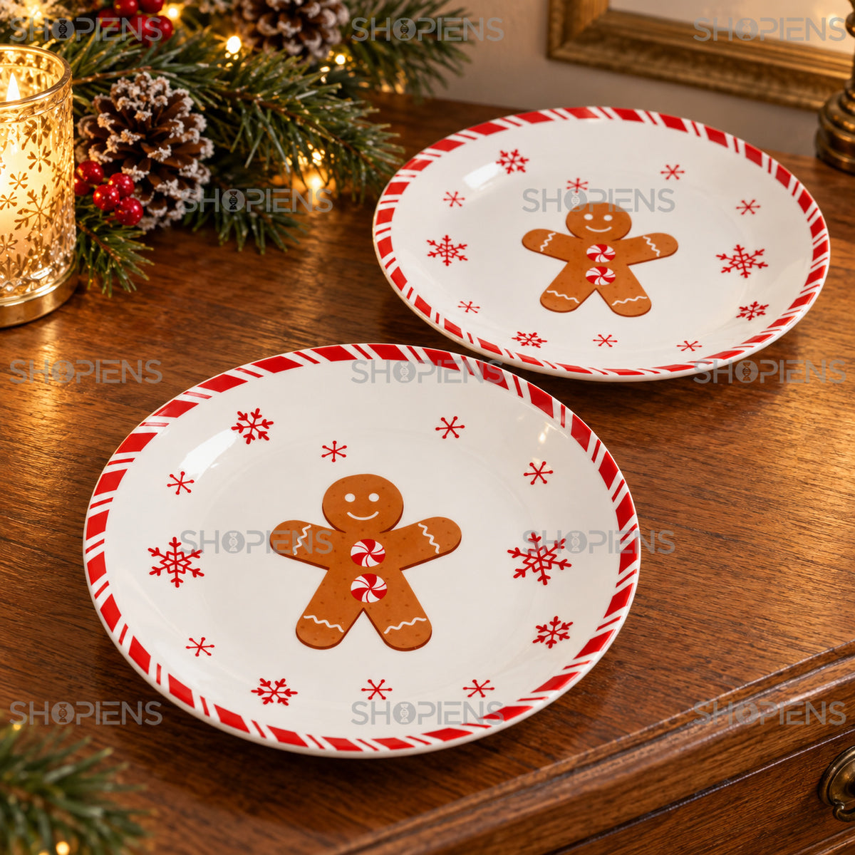 Set 2 farfurii din porțelan cu om de turtă dulce, Ø19 cm, detaliu al imprimeului și marginii, decor neinclus | Shopiens®