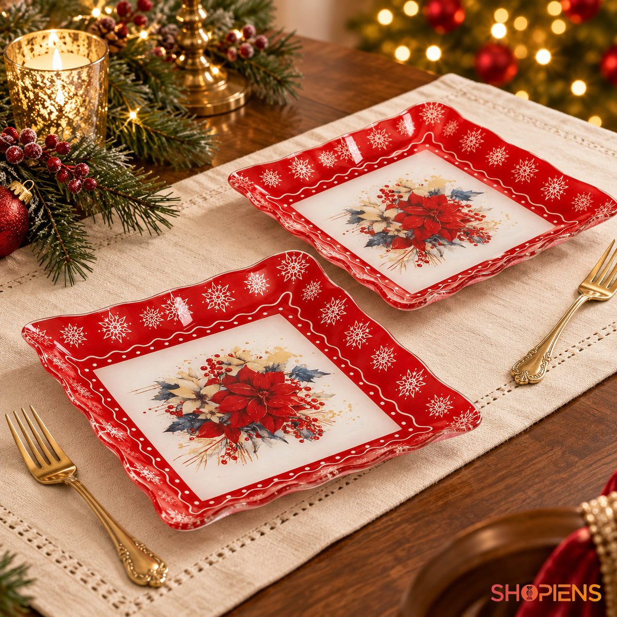 Set 2 farfurii de desert din sticlă cu crăciuniță, 17 × 17 cm, pe masa festivă de Crăciun, decor neinclus | Shopiens®