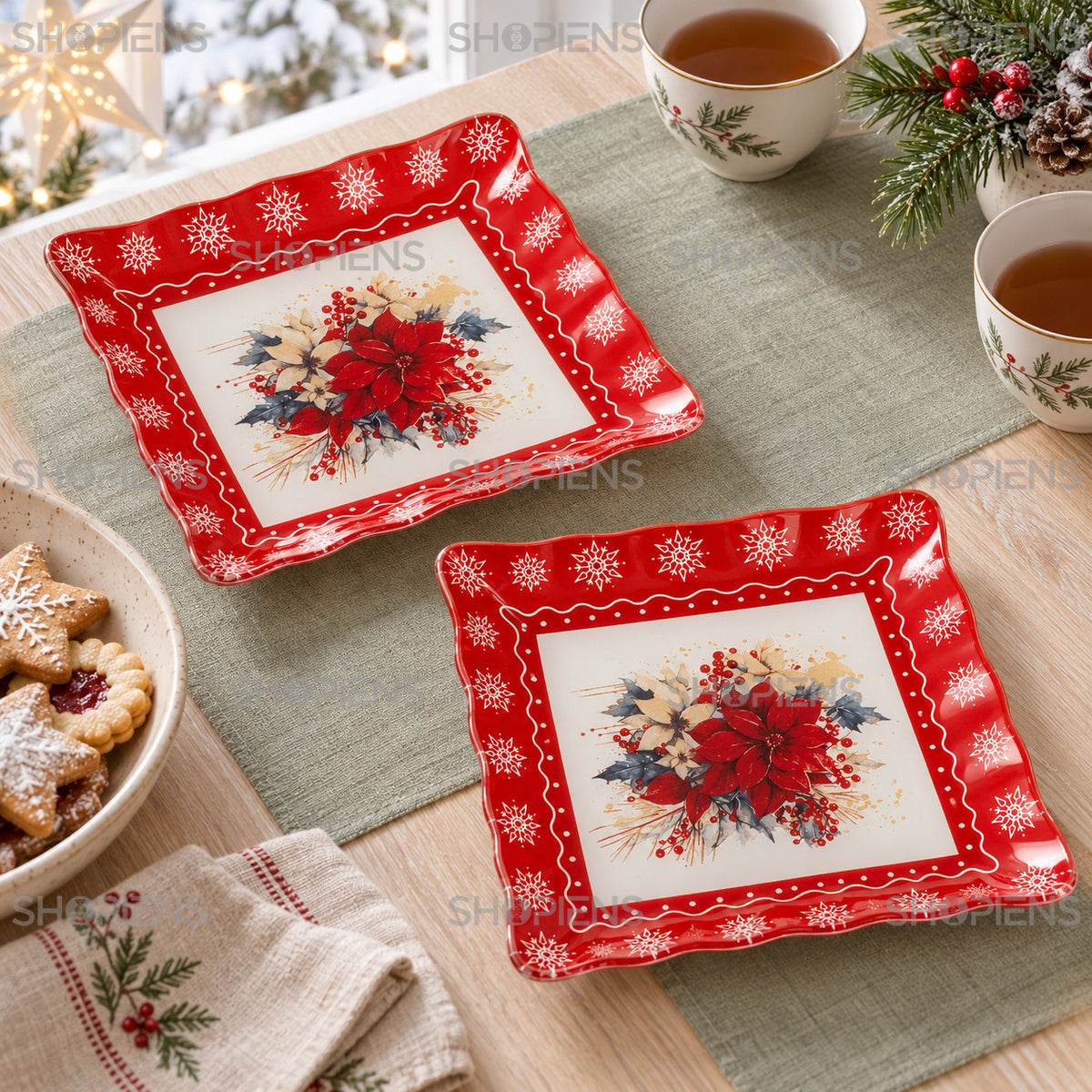 Set 2 farfurii de desert din sticlă cu crăciuniță, 17 × 17 cm, în decor alternativ de Crăciun, decor neinclus | Shopiens®