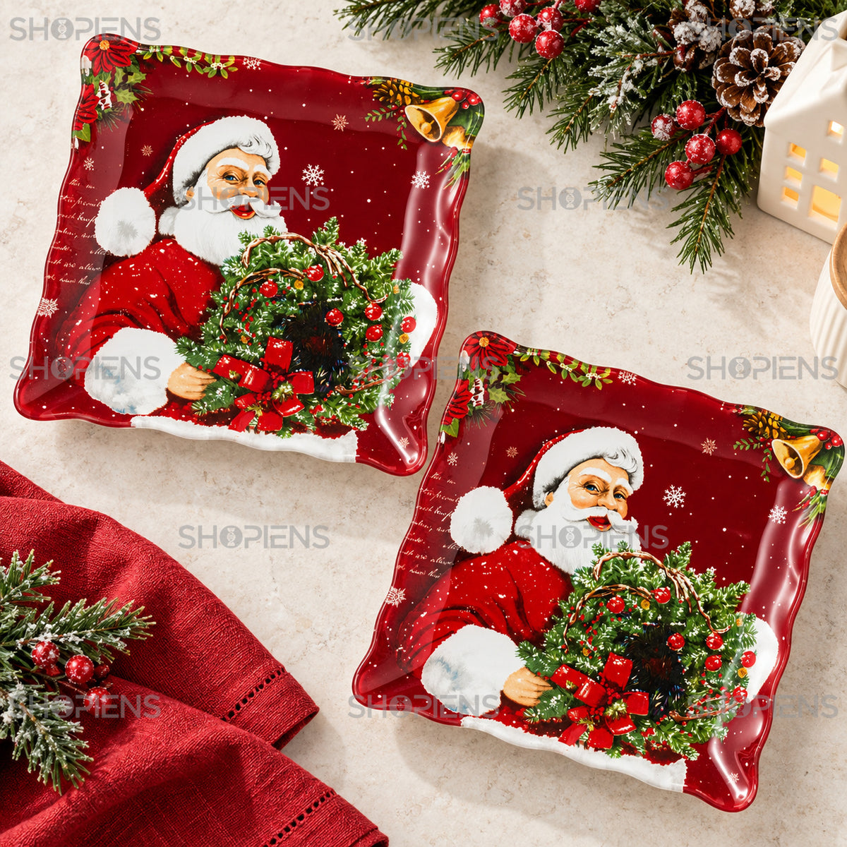 Set 2 farfurii din sticlă cu Moș Crăciun și coroniță, 17 × 17 cm, în decor alternativ de Crăciun, decor neinclus | Shopiens®