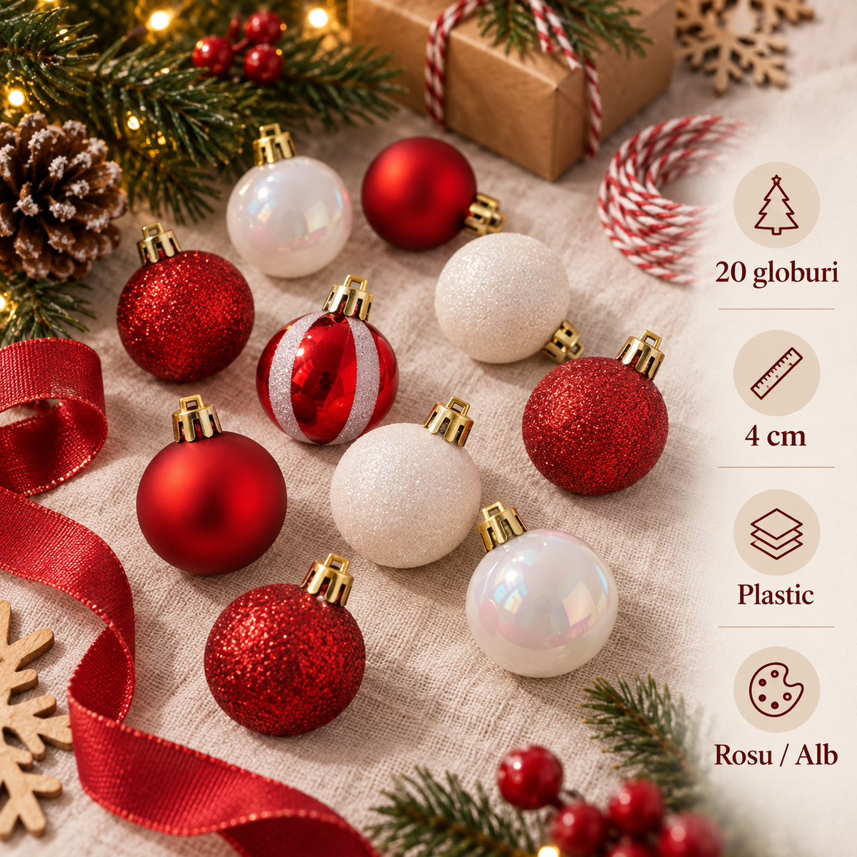 Set 20 Globuri Rosu Alb Cu Reflexii, 4 Cm - specificatii - Shopiens