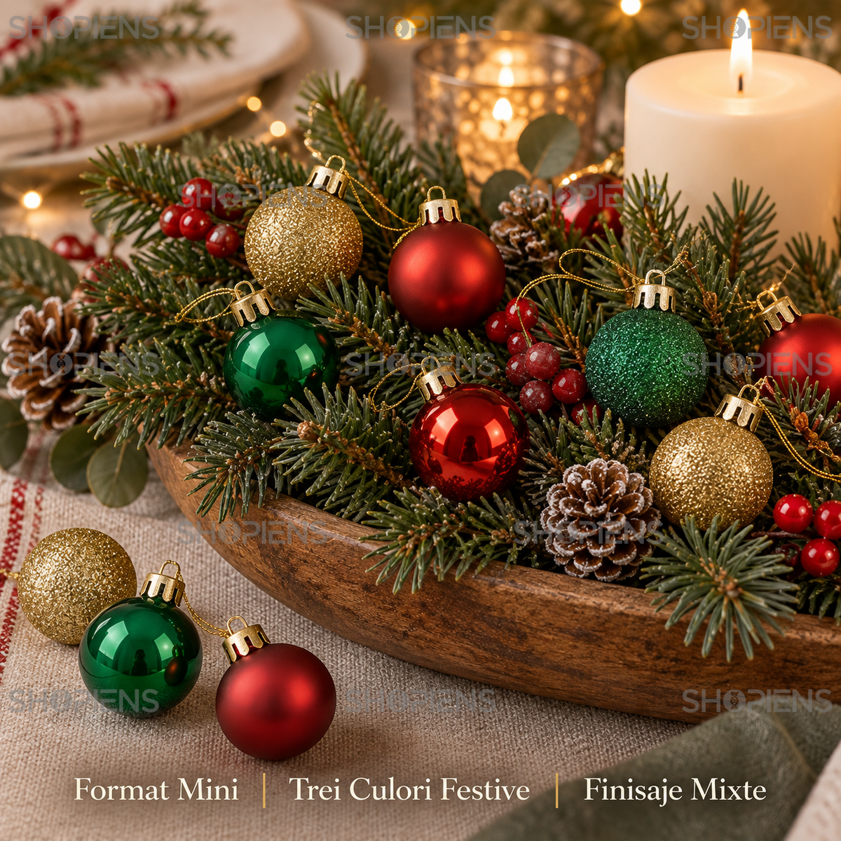 Set 20 Mini Globuri Festive Rosii, Verzi Si Aurii, 3 Cm - avantaje - Shopiens