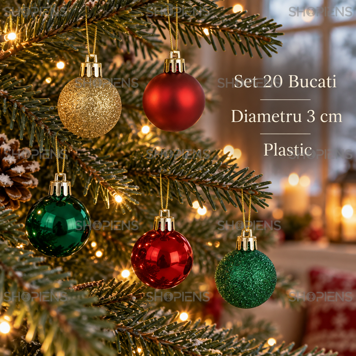 Set 20 Mini Globuri Festive Rosii, Verzi Si Aurii, 3 Cm - specificatii - Shopiens