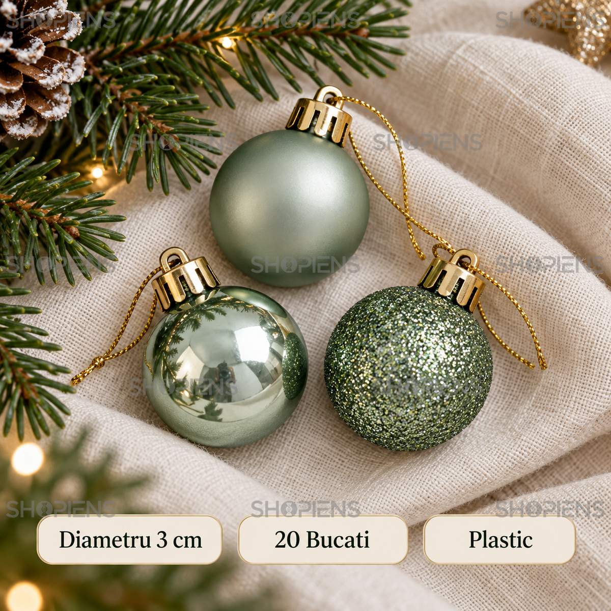 Set 20 Mini Globuri Verde Menta Pentru Brad, 3 Cm - specificatii - Shopiens