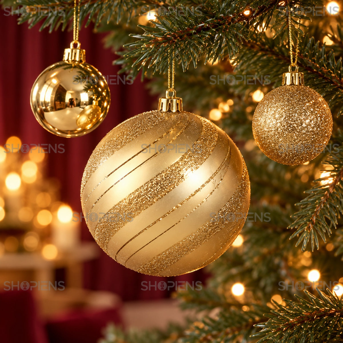 Set 23 globuri aurii cu dungi și glitter, Ø6 și Ø15 cm, detaliu apropiat, decor neinclus | Shopiens®
