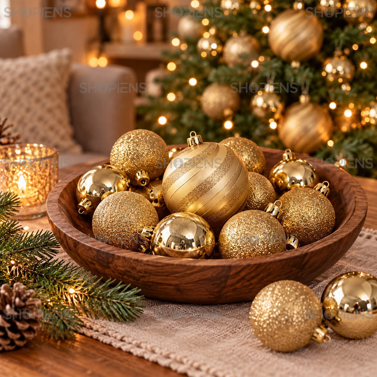 Set 23 globuri aurii cu dungi și glitter, Ø6 și Ø15 cm, aranjament festiv, decor neinclus | Shopiens®