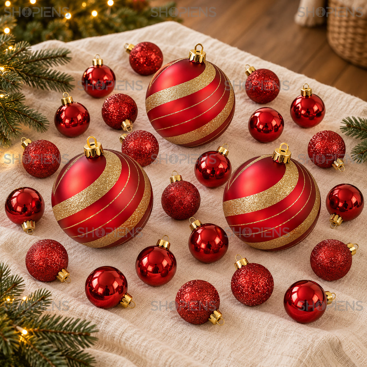 Set 23 globuri roșii cu dungi aurii și glitter, Ø6 și Ø15 cm, aranjament festiv cu globuri, decor neinclus | Shopiens®