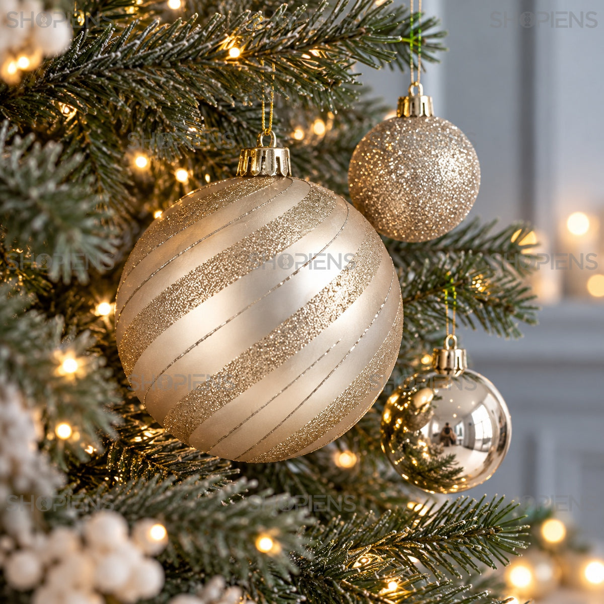 Set 23 globuri șampanie cu dungi și glitter, Ø6 și Ø15 cm, detaliu apropiat, decor neinclus | Shopiens®