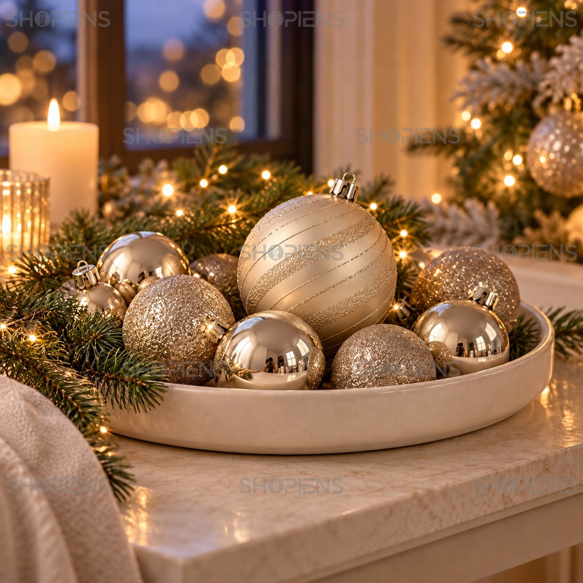 Set 23 globuri șampanie cu dungi și glitter, Ø6 și Ø15 cm, aranjament festiv, decor neinclus | Shopiens®