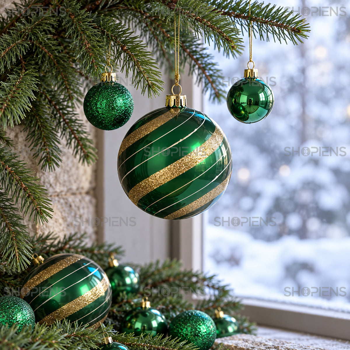 Set 23 globuri verzi cu dungi aurii și glitter, Ø6 și Ø15 cm, detaliu apropiat al designului, decor neinclus | Shopiens®