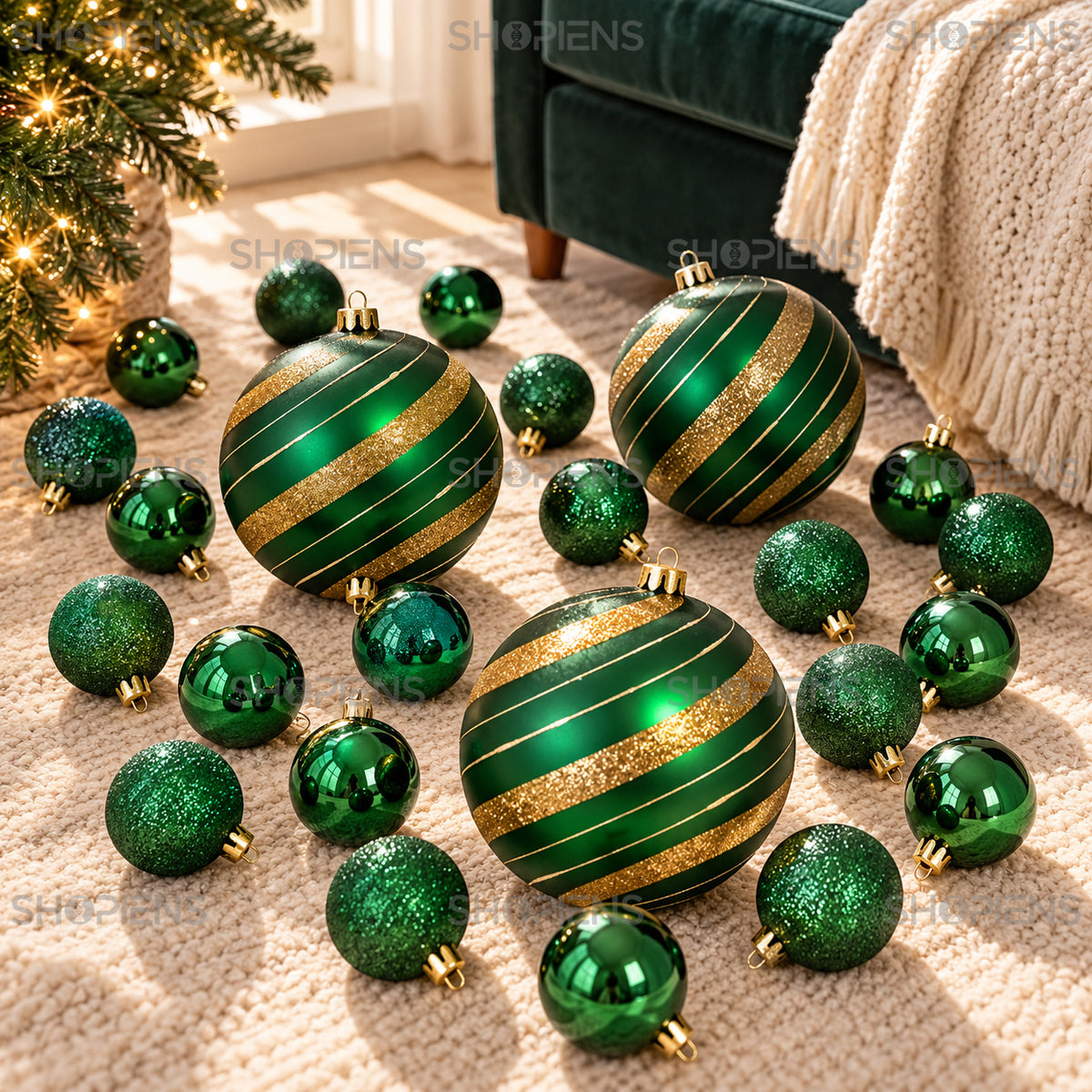 Set 23 globuri verzi cu dungi aurii și glitter, Ø6 și Ø15 cm, aranjament festiv cu globuri, decor neinclus | Shopiens®