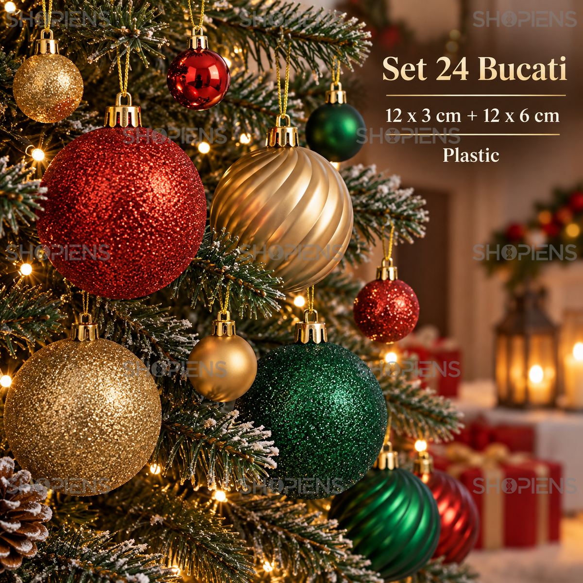 Set 24 Globuri Rosii, Verzi Si Sampanie, 3 Si 6 Cm - specificatii - Shopiens