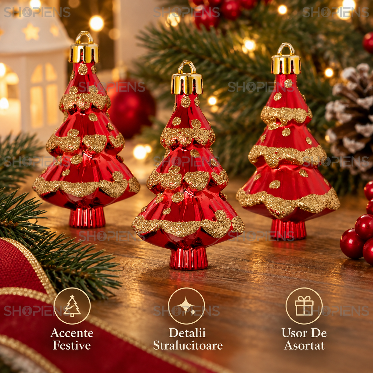Set 3 Braduti Rosii Cu Glitter Auriu, 8 Cm - avantaje - Shopiens
