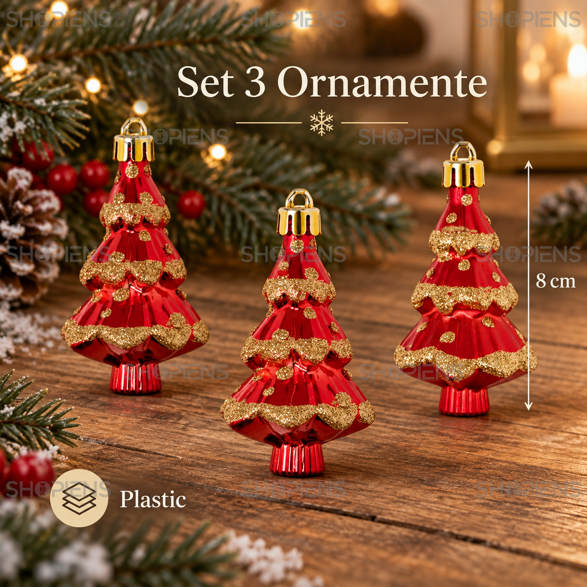 Set 3 Braduti Rosii Cu Glitter Auriu, 8 Cm - specificatii - Shopiens