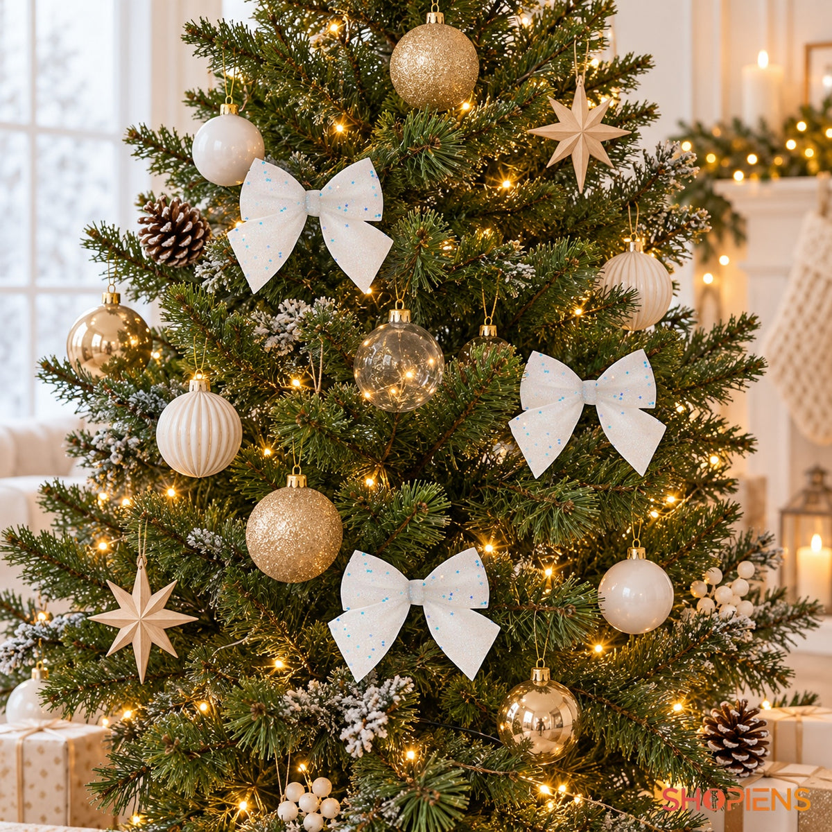 Set 3 fundițe albe irizate cu steluțe, 10 × 10 cm, în brad, decor neinclus | Shopiens®