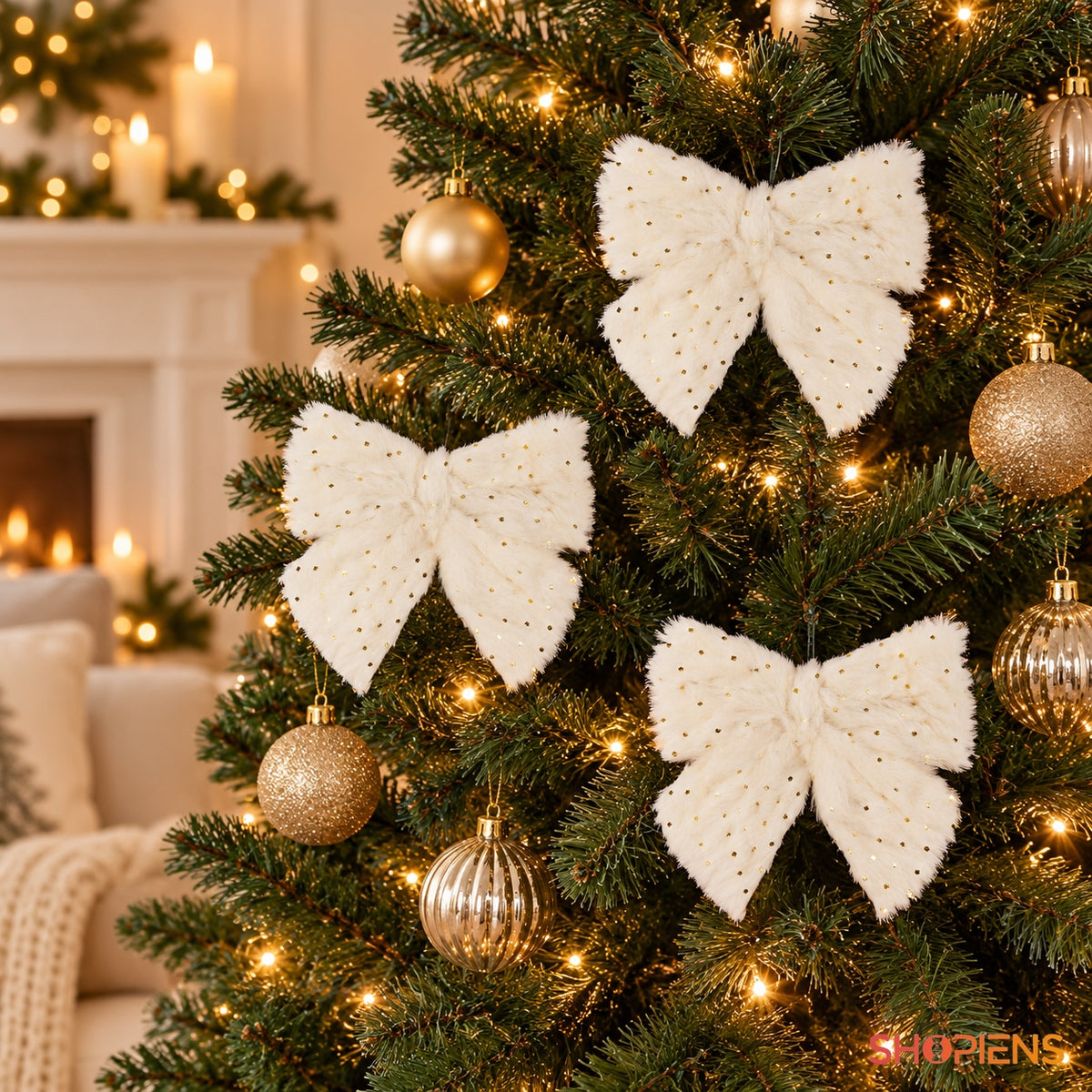 Set 3 fundițe cu blăniță albă și buline aurii, 12 × 12 cm, în brad, decor neinclus | Shopiens®