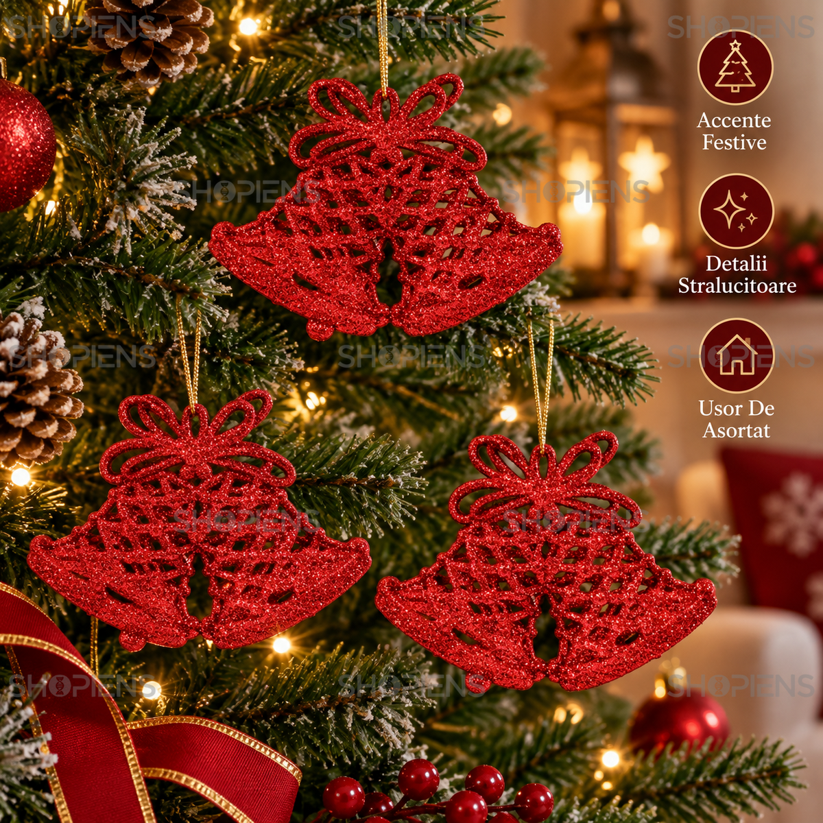 Set 3 Ornamente Clopote Rosii Cu Glitter, 11 Cm - avantaje - Shopiens