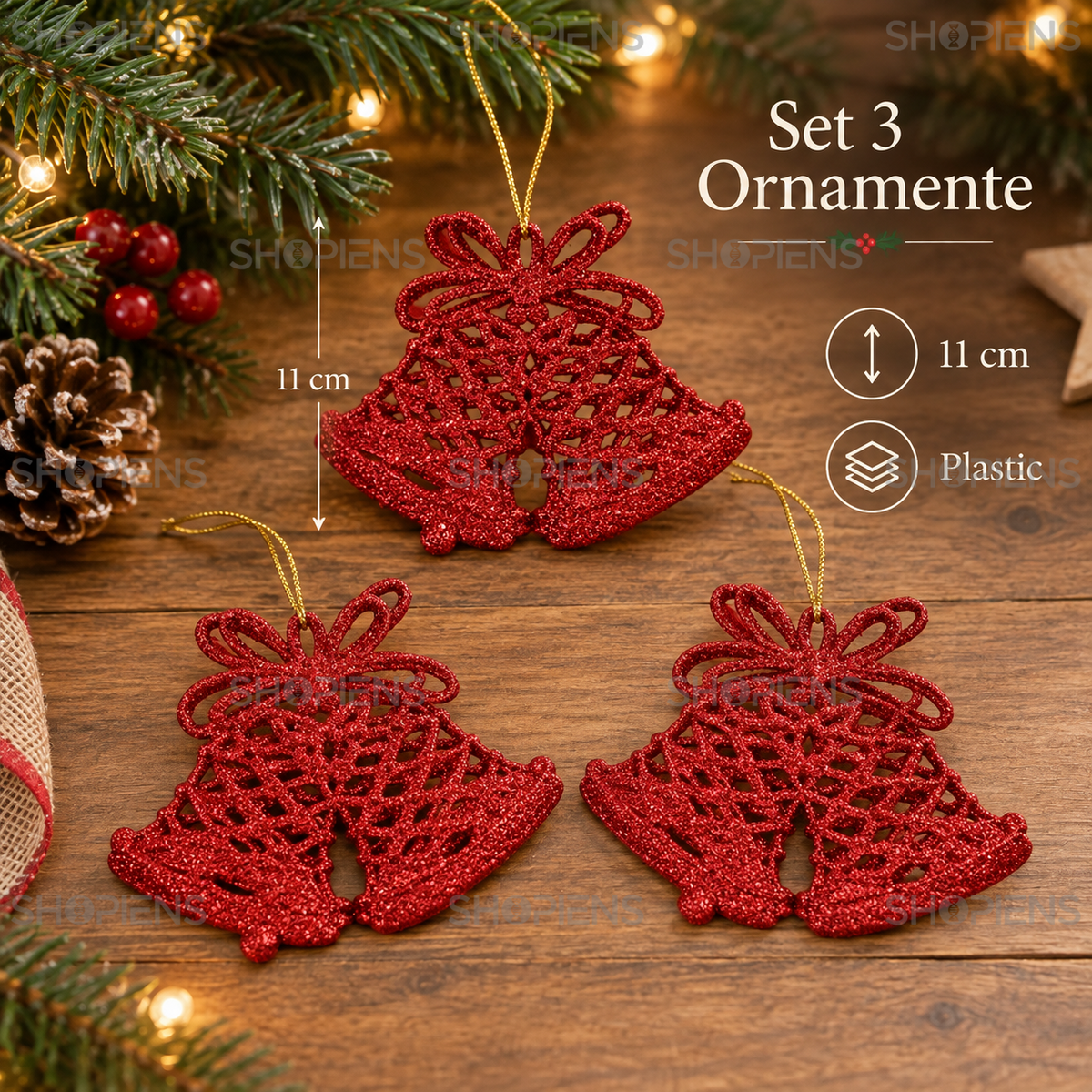 Set 3 Ornamente Clopote Rosii Cu Glitter, 11 Cm - specificatii - Shopiens