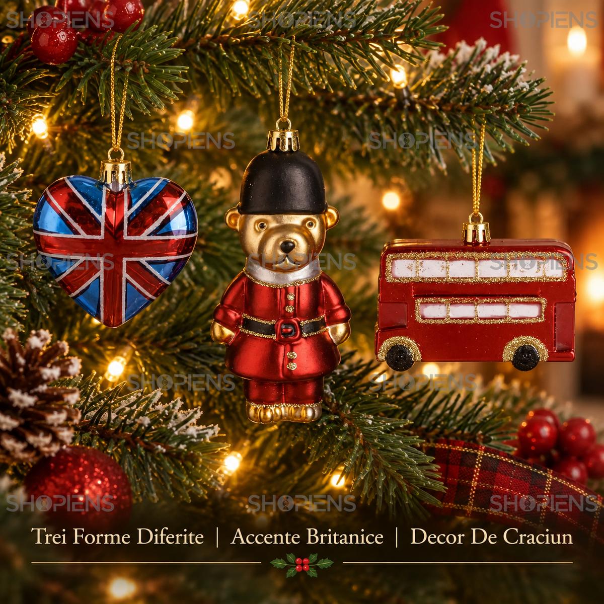 Set 3 Ornamente England: Inima, Ursulet Si Autobuz - avantaje - Shopiens