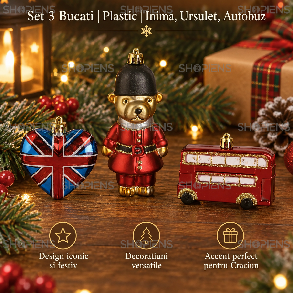 Set 3 Ornamente England: Inima, Ursulet Si Autobuz - specificatii - Shopiens
