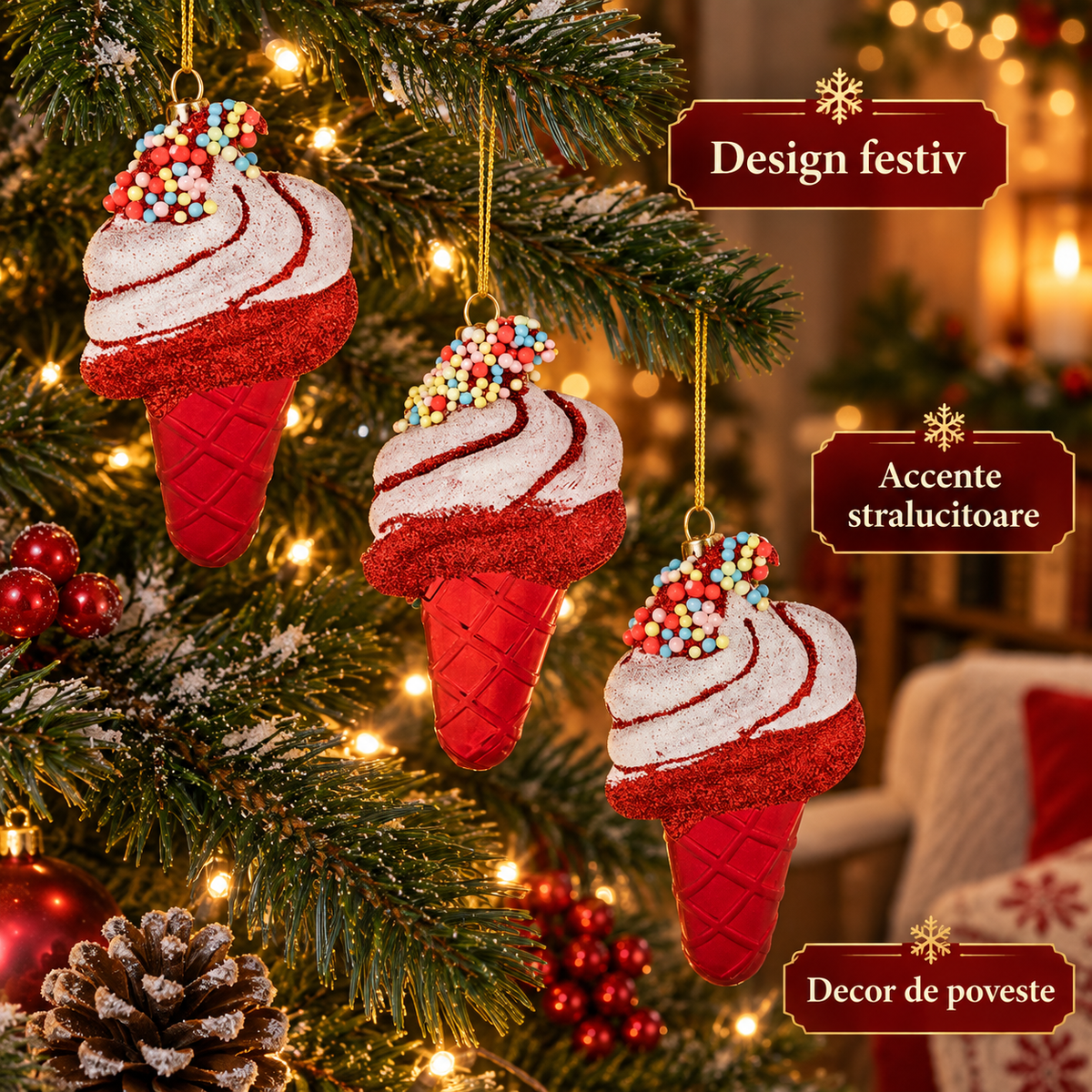 Set 3 Ornamente Inghetata Cu Margele, 11 Cm - avantaje - Shopiens