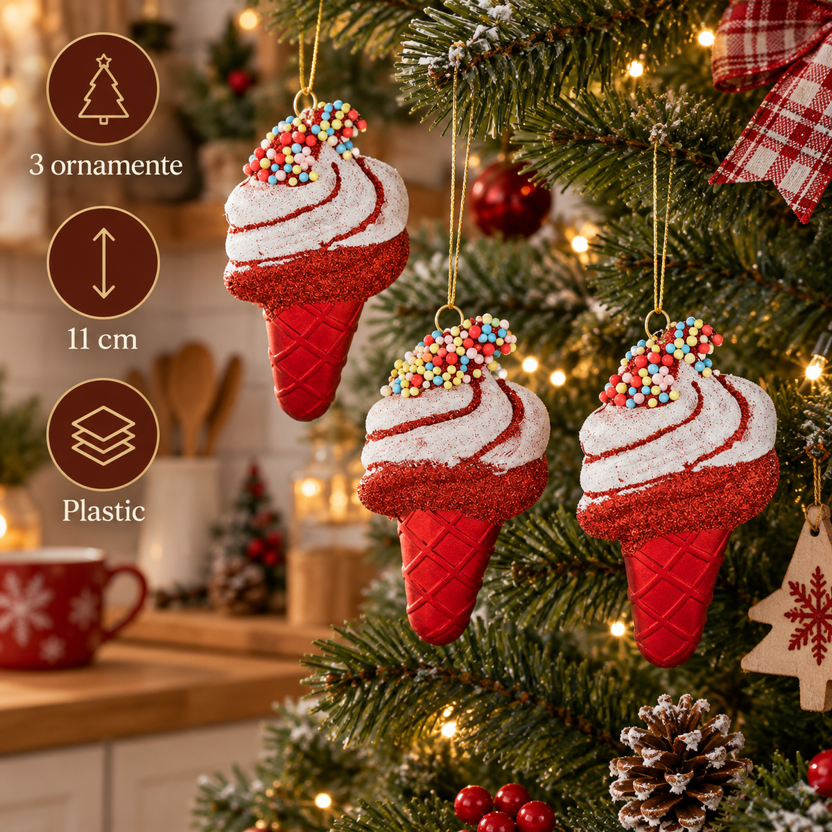 Set 3 Ornamente Inghetata Cu Margele, 11 Cm - specificatii - Shopiens