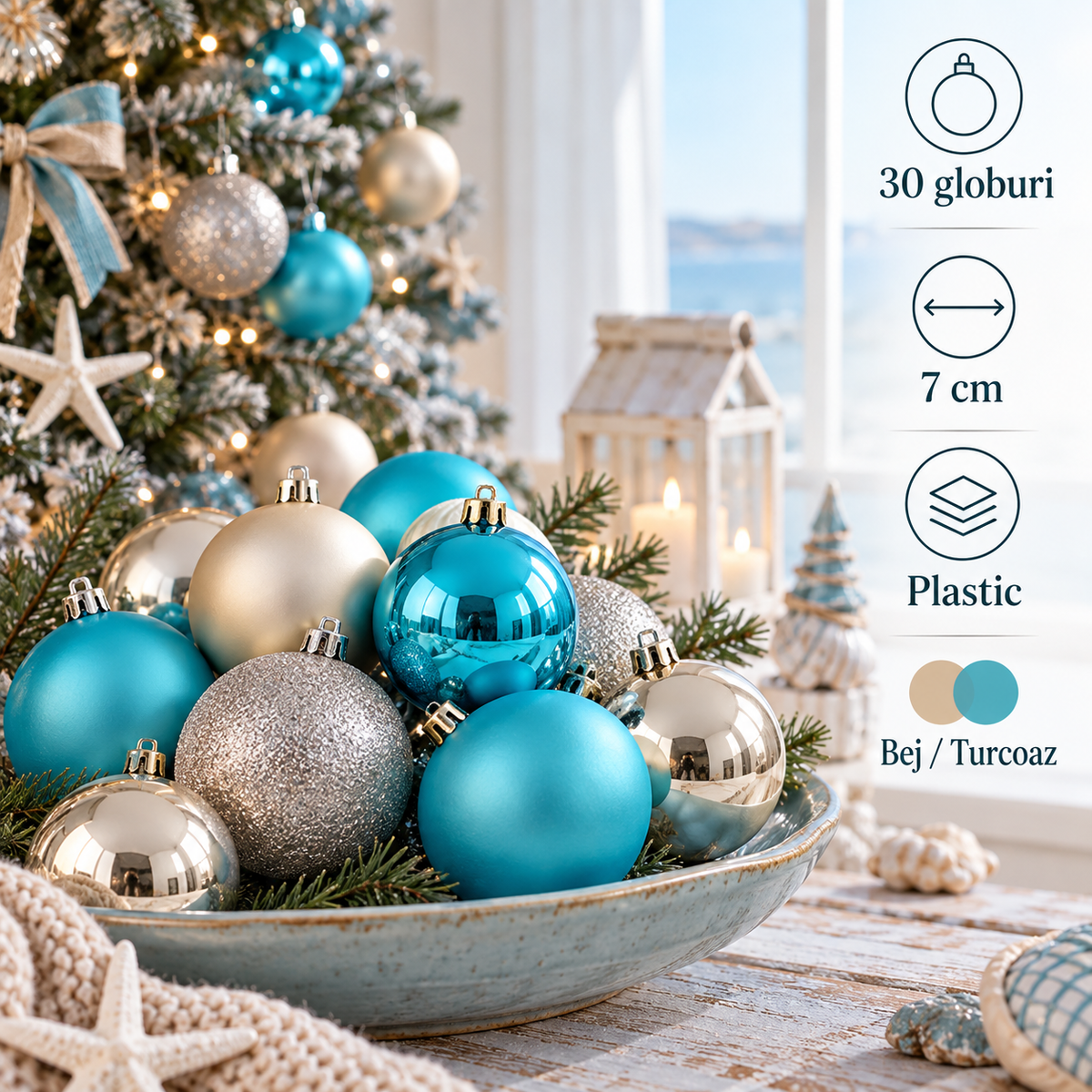 Set 30 Globuri Bej Si Turcoaz, 7 Cm - specificatii - Shopiens
