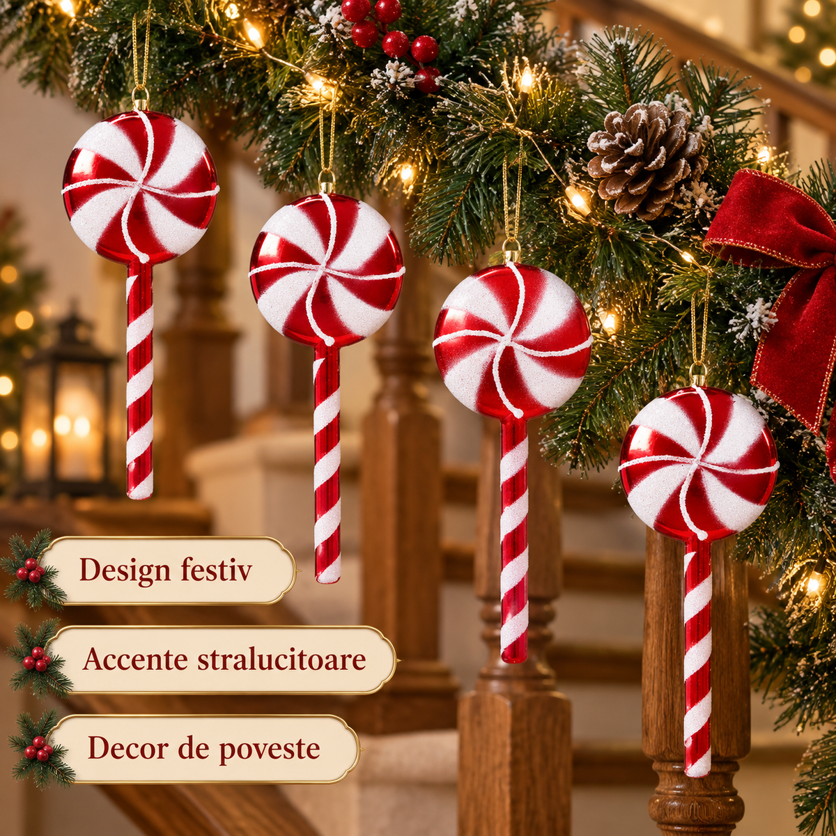 Set 4 Acadele Rosu Alb Pentru Brad, 12 Cm - avantaje - Shopiens