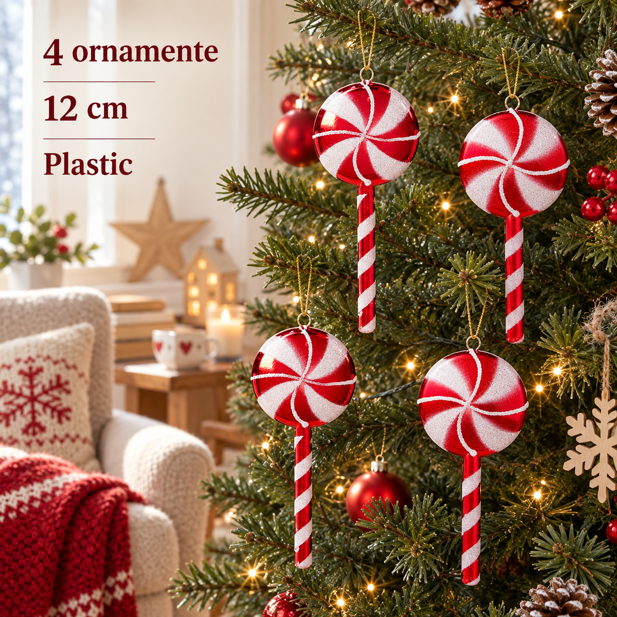 Set 4 Acadele Rosu Alb Pentru Brad, 12 Cm - specificatii - Shopiens