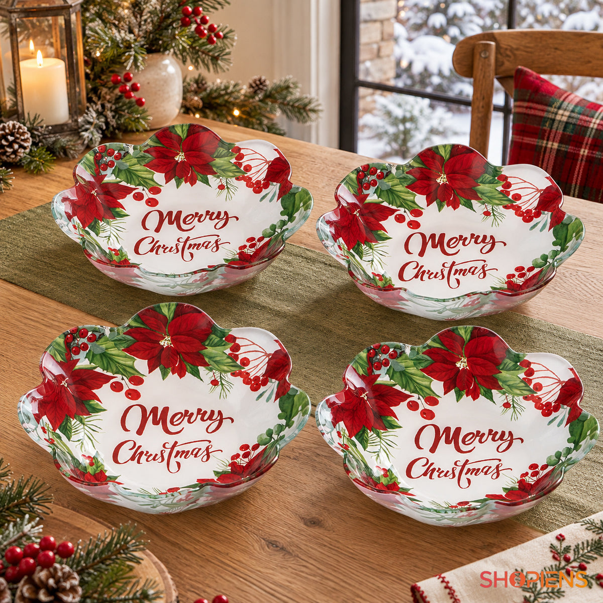 Set 4 boluri de Crăciun din sticlă cu vâsc și crăciunițe, Ø23,5 cm, 800 ml, pe masa festivă, decor neinclus | Shopiens®