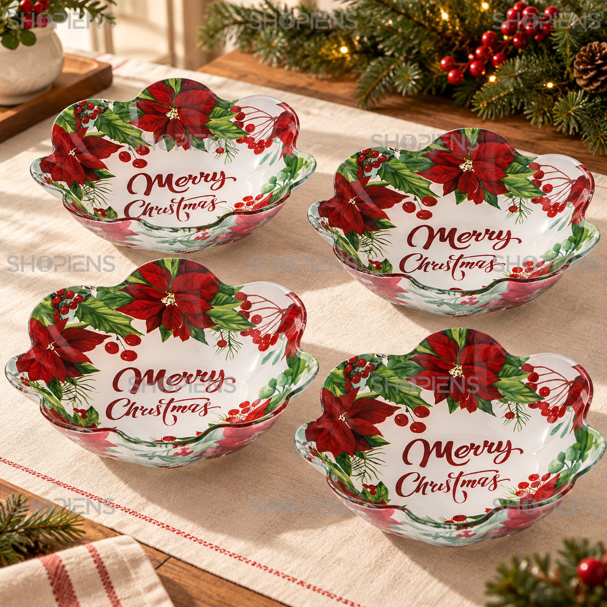 Set 4 boluri de Crăciun din sticlă cu vâsc și crăciunițe, Ø23,5 cm, 800 ml, detaliu al designului, decor neinclus | Shopiens®