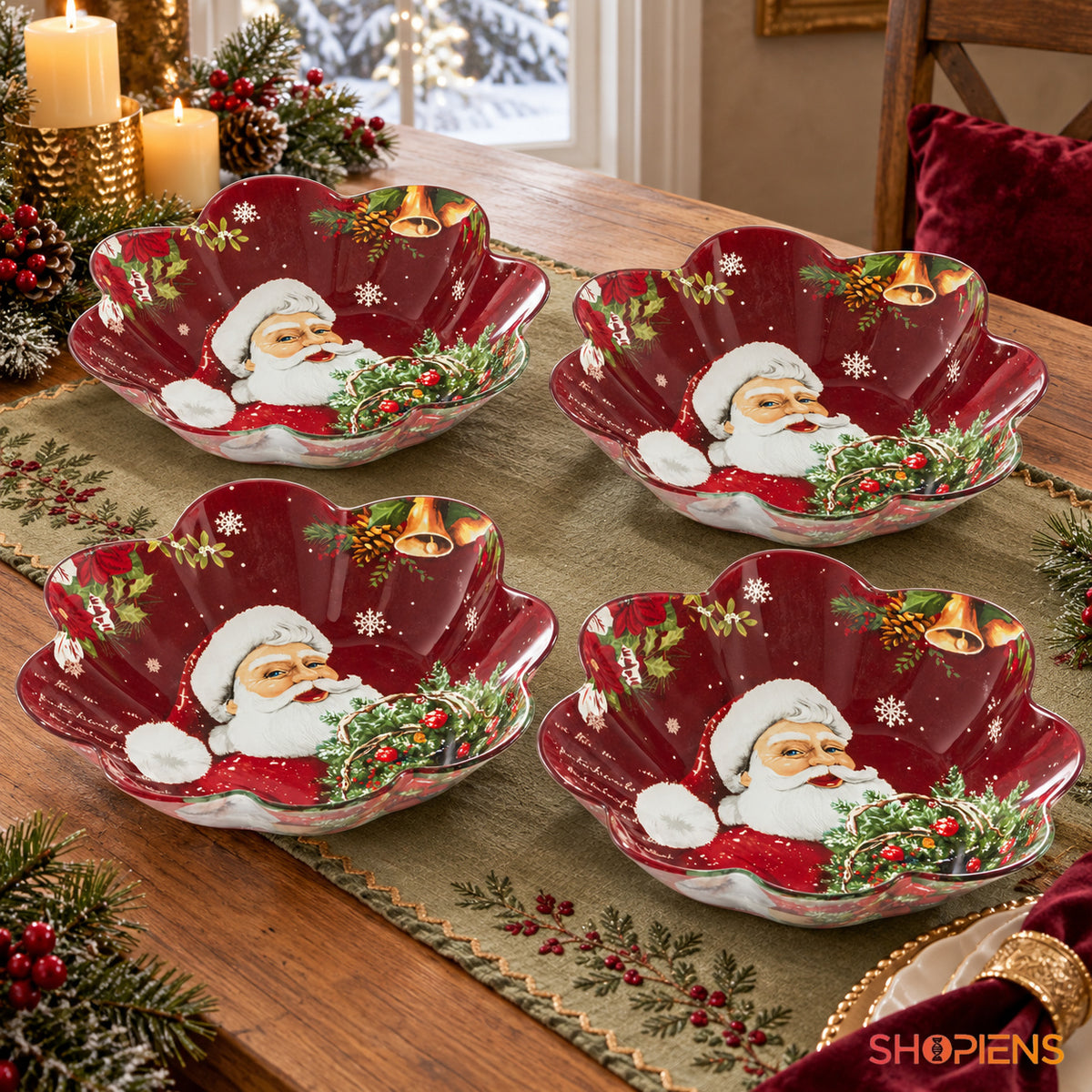 Set 4 boluri din sticlă cu Moș Crăciun și clopoței aurii, Ø23 cm, 800 ml, pe masa festivă, decor neinclus | Shopiens®