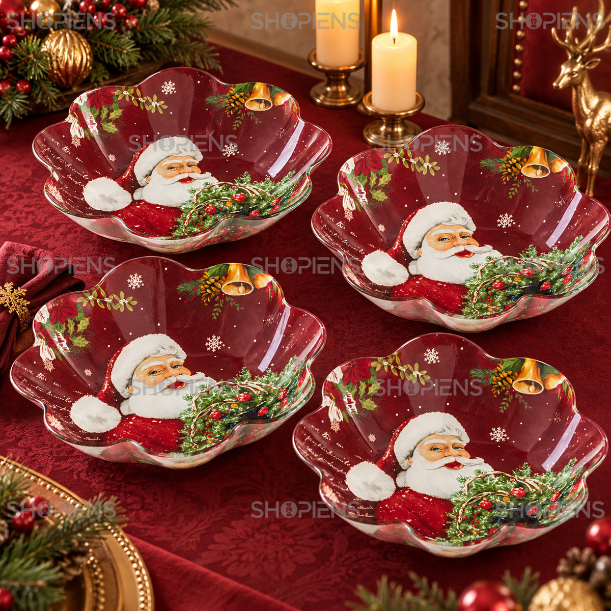 Set 4 boluri din sticlă cu Moș Crăciun și clopoței aurii, Ø23 cm, 800 ml, în decor de Crăciun, decor neinclus | Shopiens®