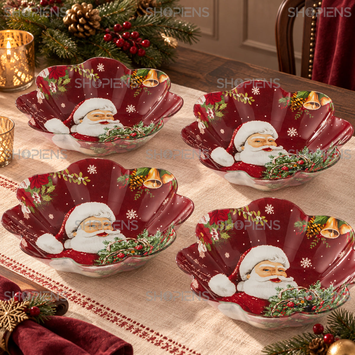 Set 4 boluri din sticlă cu Moș Crăciun și clopoței aurii, Ø23 cm, 800 ml, detaliu al designului, decor neinclus | Shopiens®