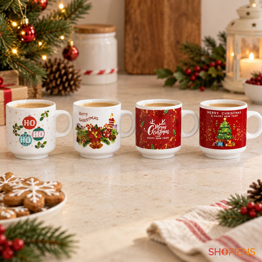 Set 4 cești cu mesaje festive, 150 ml în decor de Crăciun