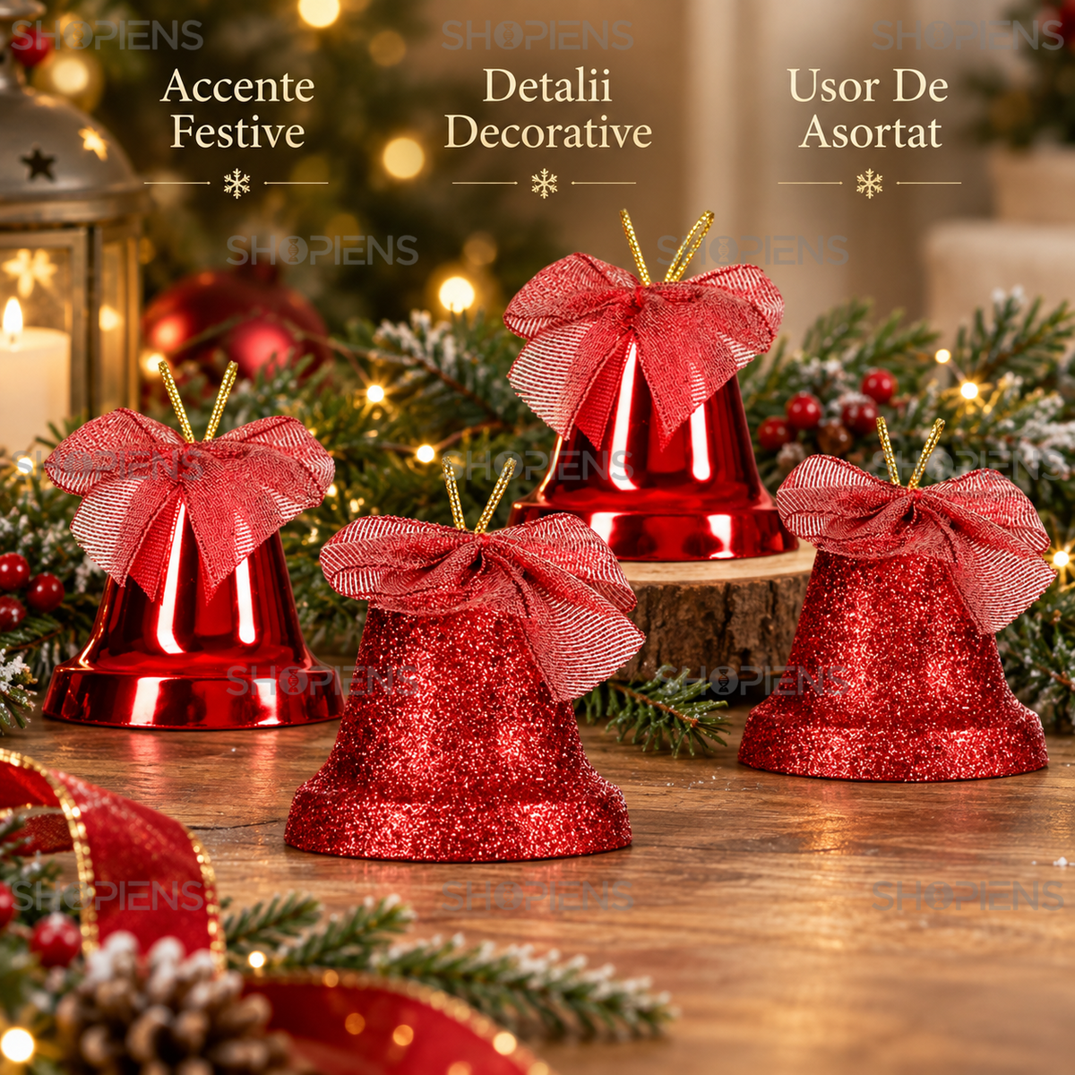 Set 4 Clopote Rosii Cu Fundita Si Glitter, 6 Cm - avantaje - Shopiens