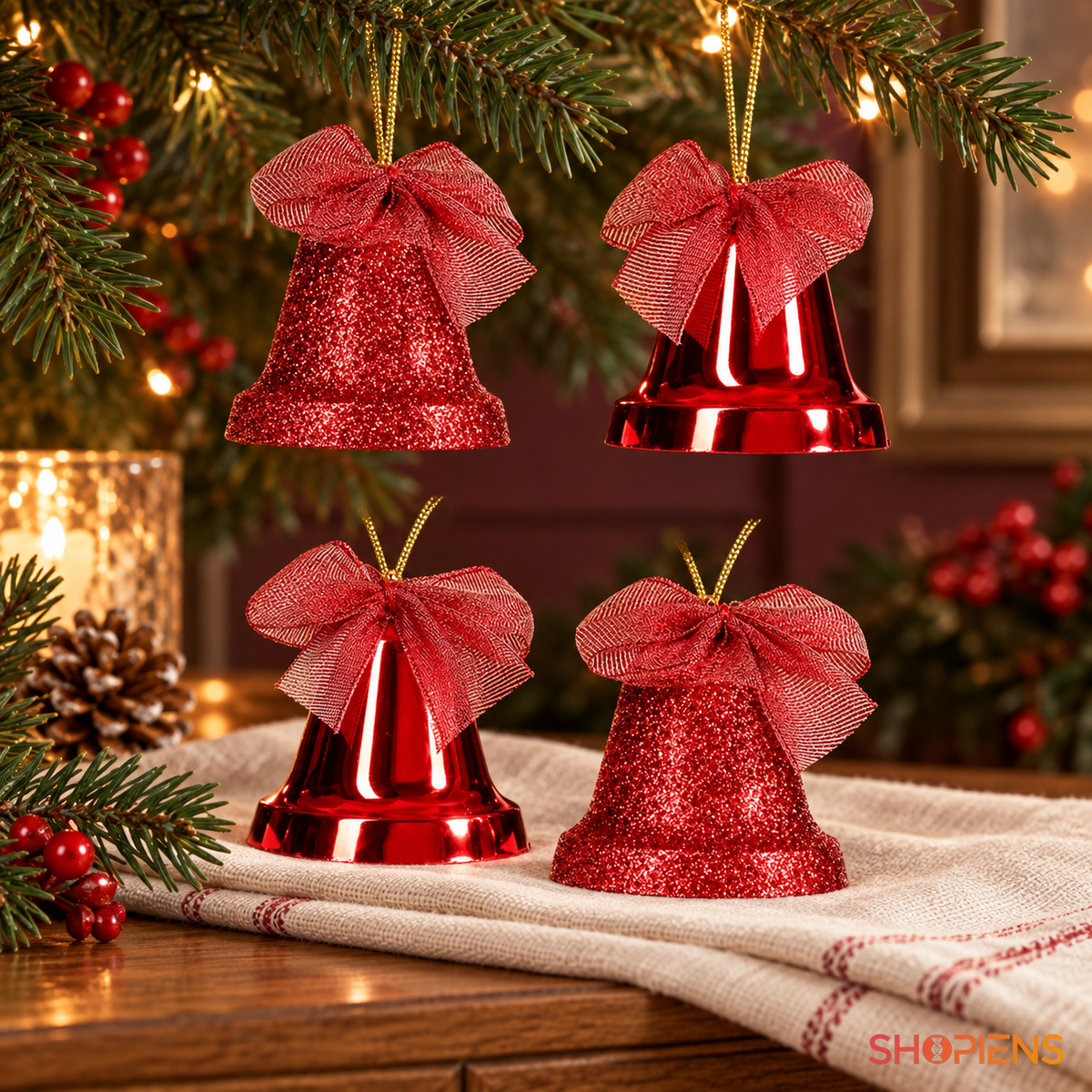 Set 4 Clopote Rosii Cu Fundita Si Glitter, 6 Cm - lifestyle principala - Shopiens